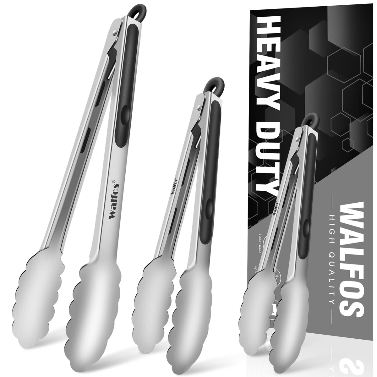 Food Grade Stainless Steel Kitchen Tongs for Cooking,BBQ - 7 ,9 and 12 Inch,Set of 3 Heavy Duty Locking Metal Food Tongs Non-Slip Grip