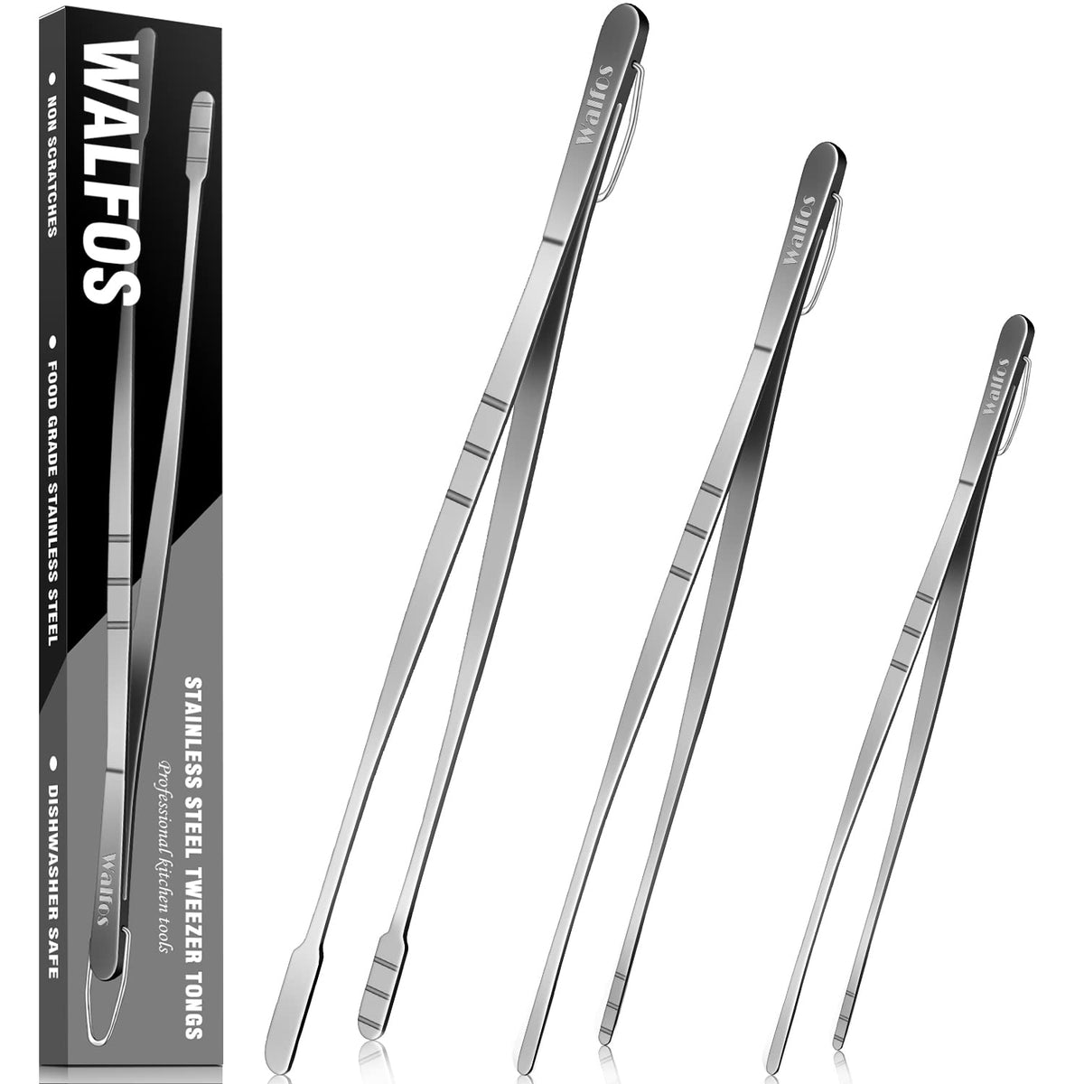 Food Grade Stainless Steel Kitchen Tongs for Cooking,BBQ - 7 ,9 and 12 Inch,Set of 3 Heavy Duty Locking Metal Food Tongs Non-Slip Grip