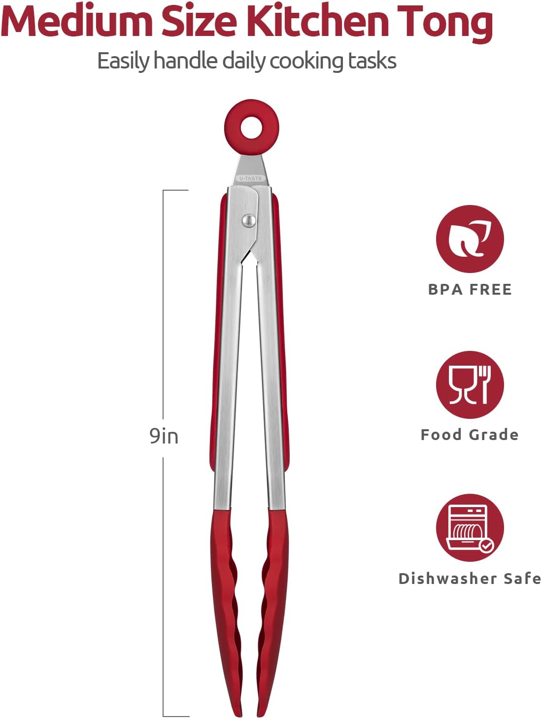 U-Taste Kitchen Tong for Cooking, 600ºF Heat-Resistant Silicone, 9in/Red