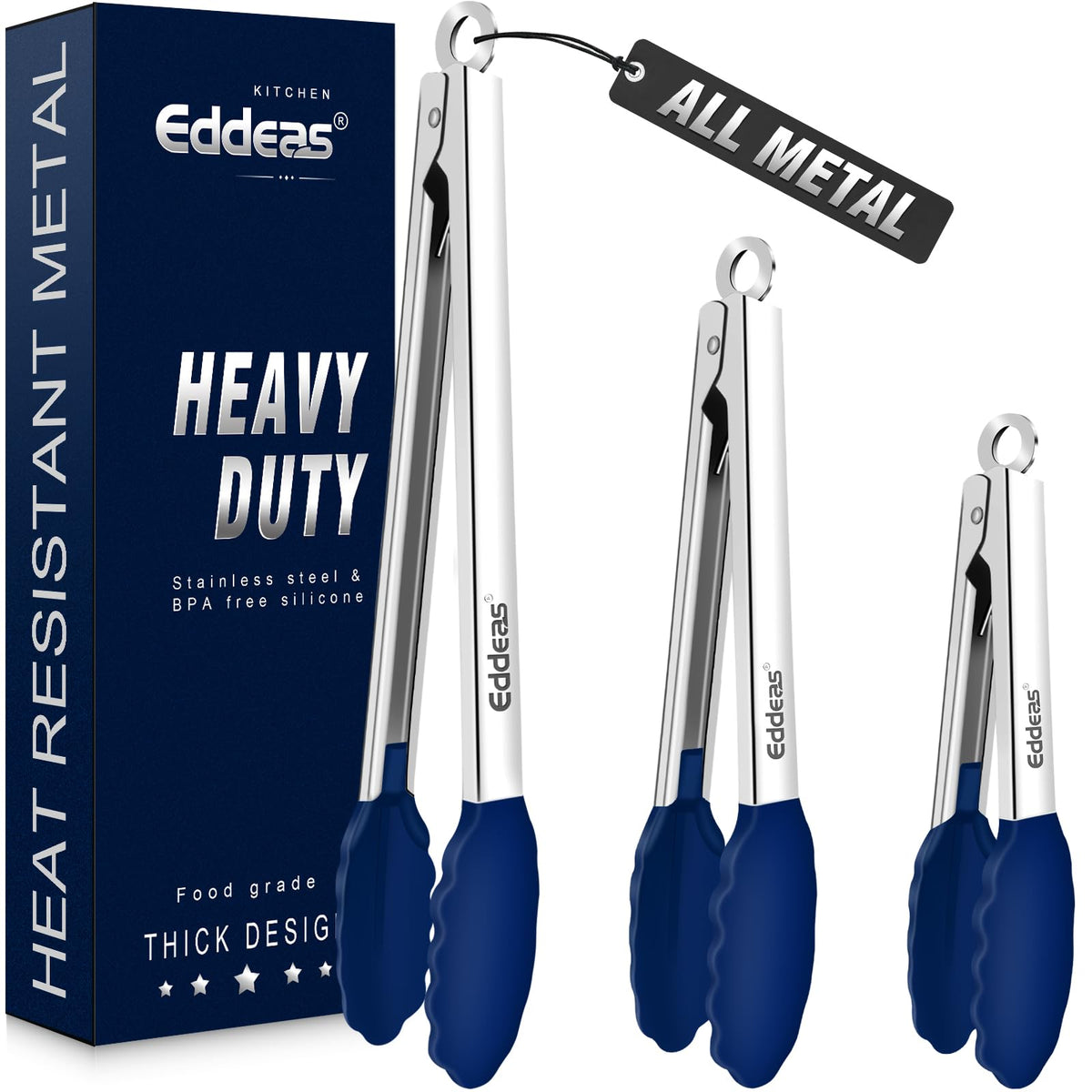 Tongs For Cooking - Silicone Metal Kitchen Tong 7" 9" & 12" Blue