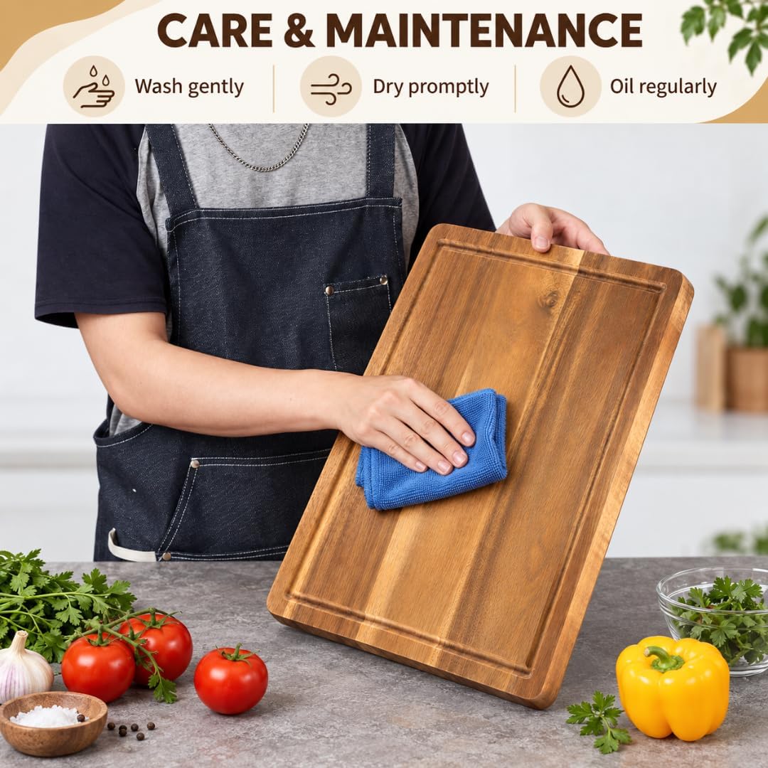 Acacia Wood Cutting Board Set, 2-Piece Wooden Cutting Boards for Kitchen, Large and Medium Chopping Boards with Juice Groove, Reversible Wood Butcher Block Boards for Meat, Vegetables, Fruit, Cheese