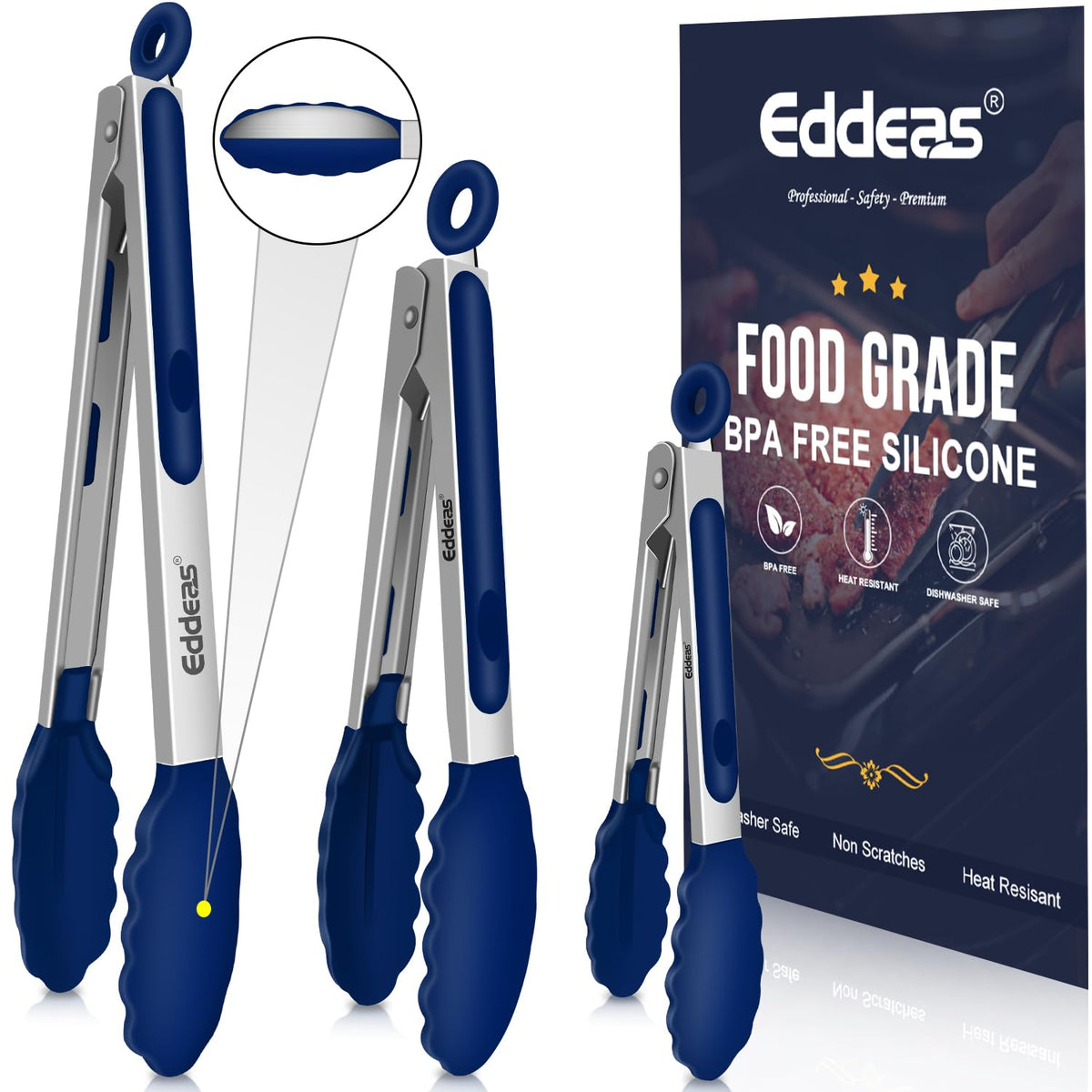 Tongs For Cooking - Silicone Metal Kitchen Tong 7" 9" & 12" Blue