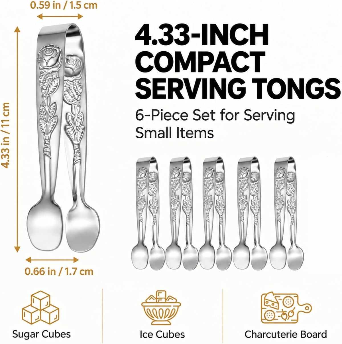 6PCS Mini Serving Tongs, 4.33-Inch 304 Stainless Steel Sugar Tongs