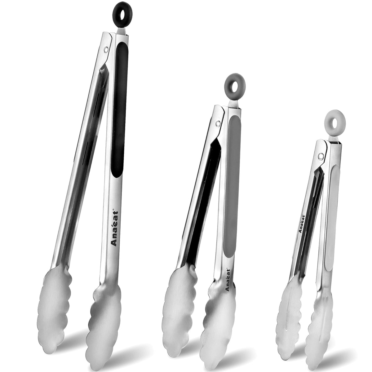 Anaeat Premium Kitchen Locking Tong Set of 3 - Heavy Duty Stainless Steel Food Tongs with Long Handle & Non-Slip Silicone Grip for Cooking, Baking, Grilling - Heat Resistant up to 480°F