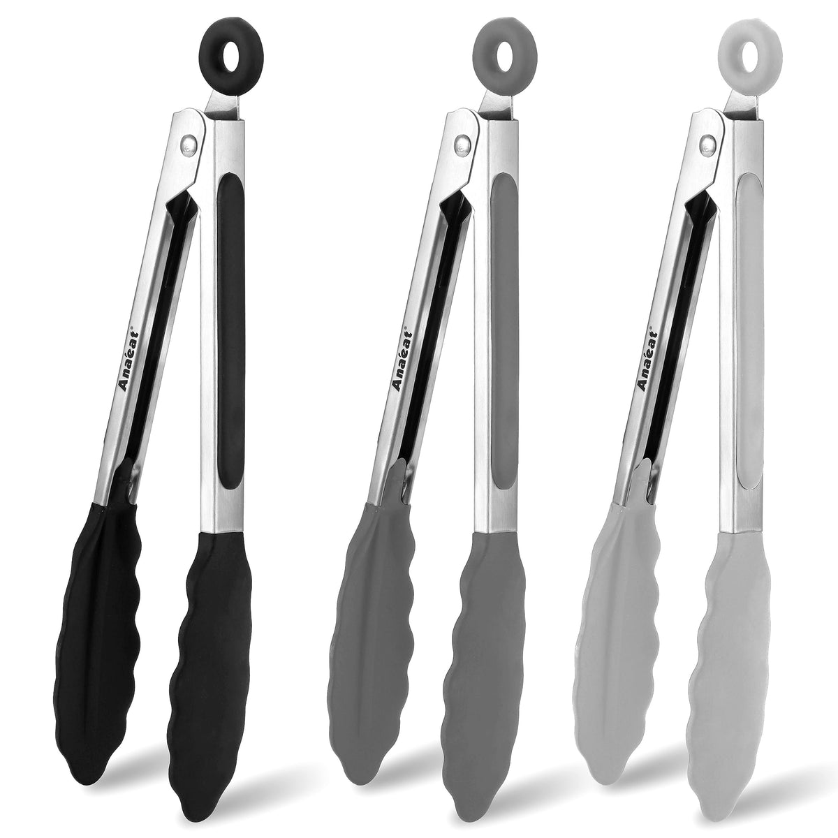 Anaeat Premium Kitchen Locking Tong Set of 3 - Heavy Duty Stainless Steel Food Tongs with Long Handle & Non-Slip Silicone Grip for Cooking, Baking, Grilling - Heat Resistant up to 480°F