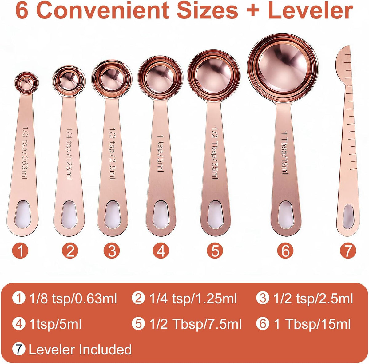 Bopei 7-Piece Measuring Spoons Set, 18/8 Stainless Steel, Rose Gold