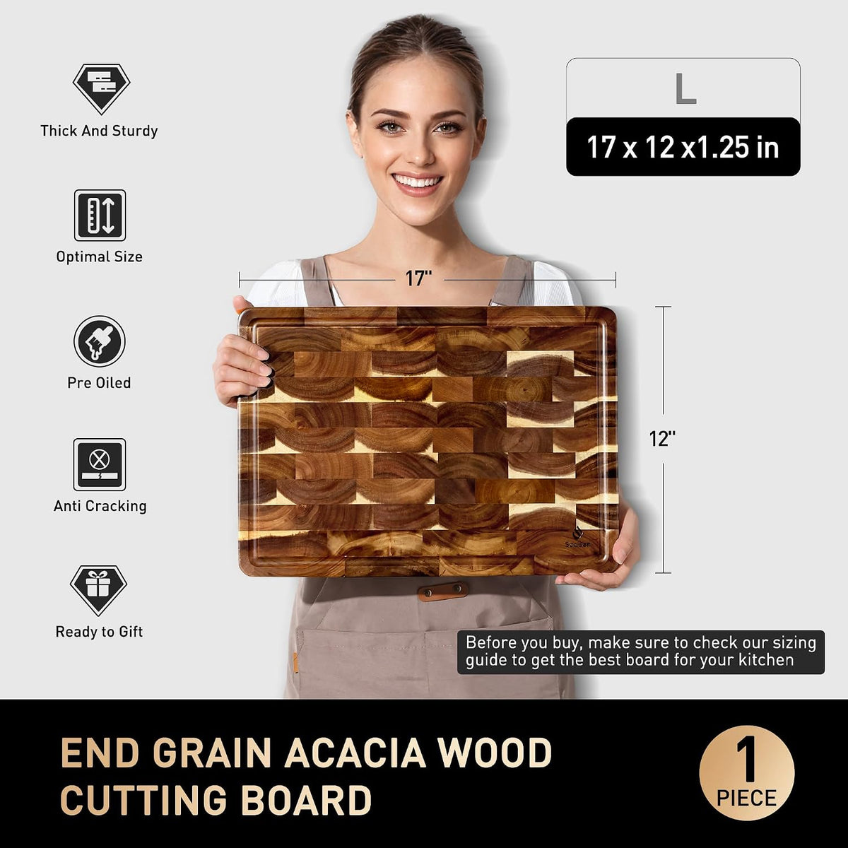 End Grain Cutting Board for Kitchen with Non-slip Feet, Acacia Wood