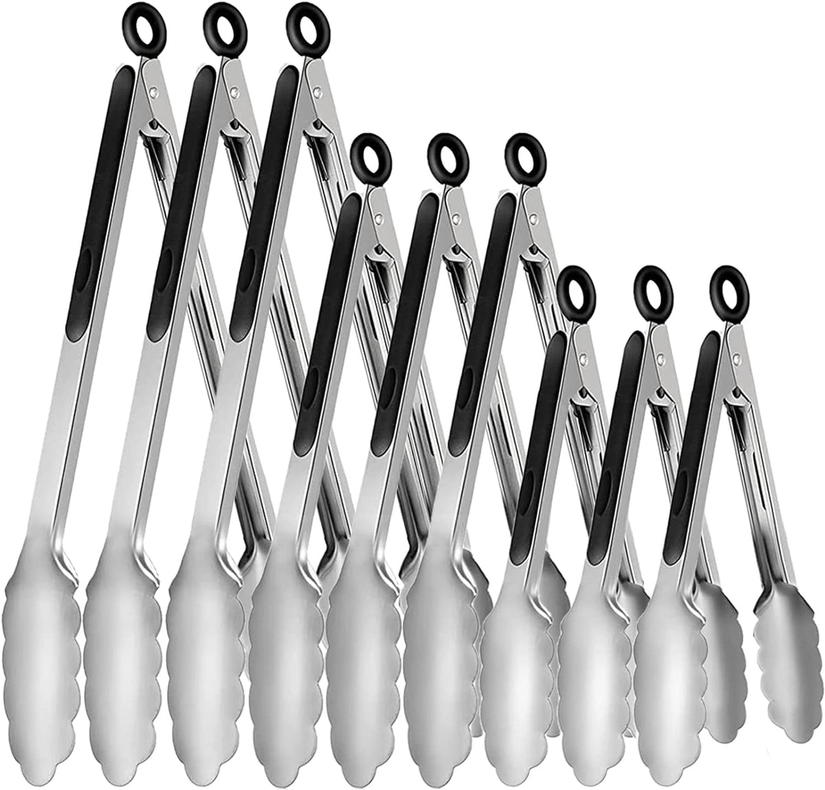 9 Pieces Stainless Steel Kitchen Tongs Grilling Locking Cooking Tongs Non-Slip Metal Food Tongs for Cooking, Salad and BBQ, 7, 9 and 12 Inch