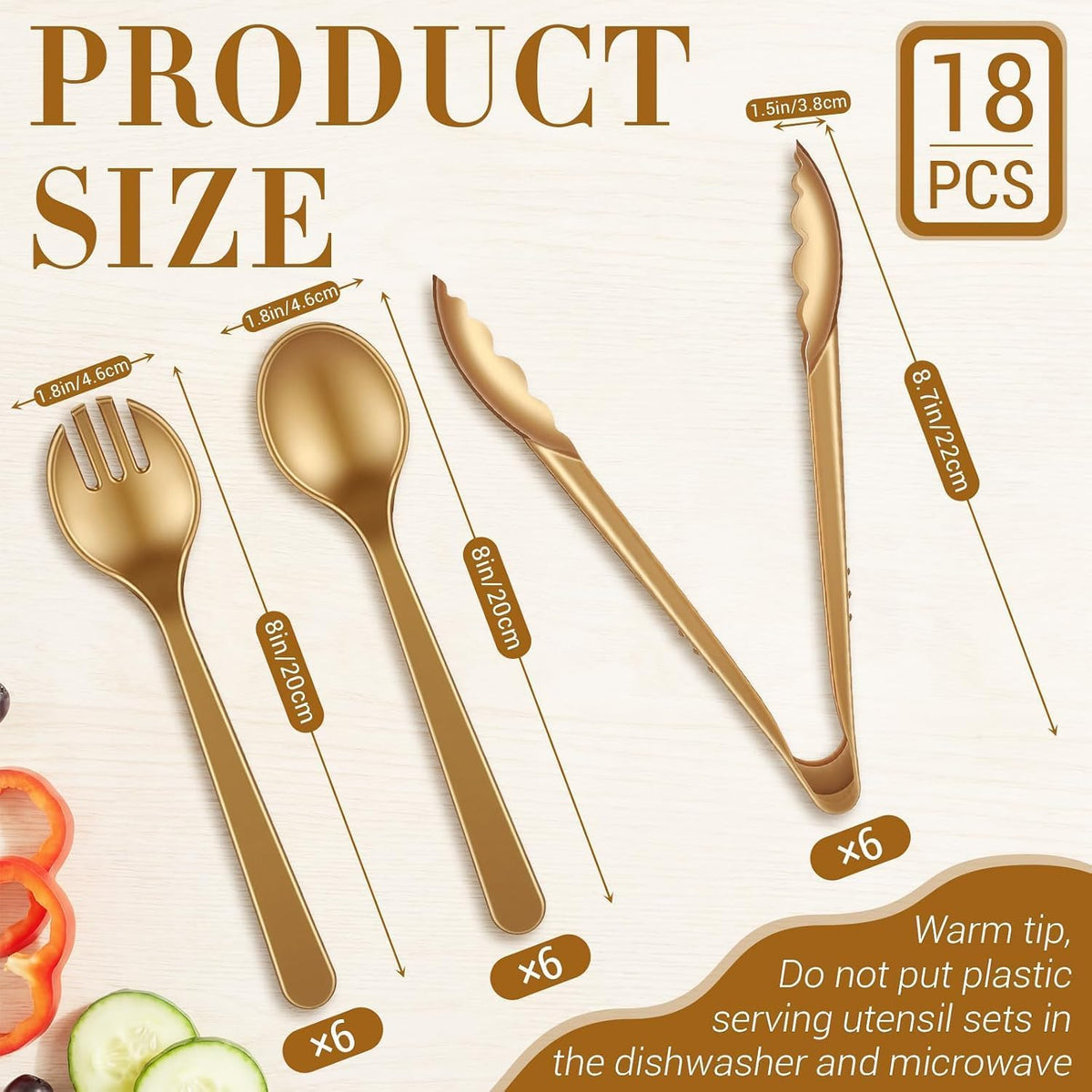 18PCS Gold Plastic Serving Utensils Set, Disposable Spoons, Forks & Tongs