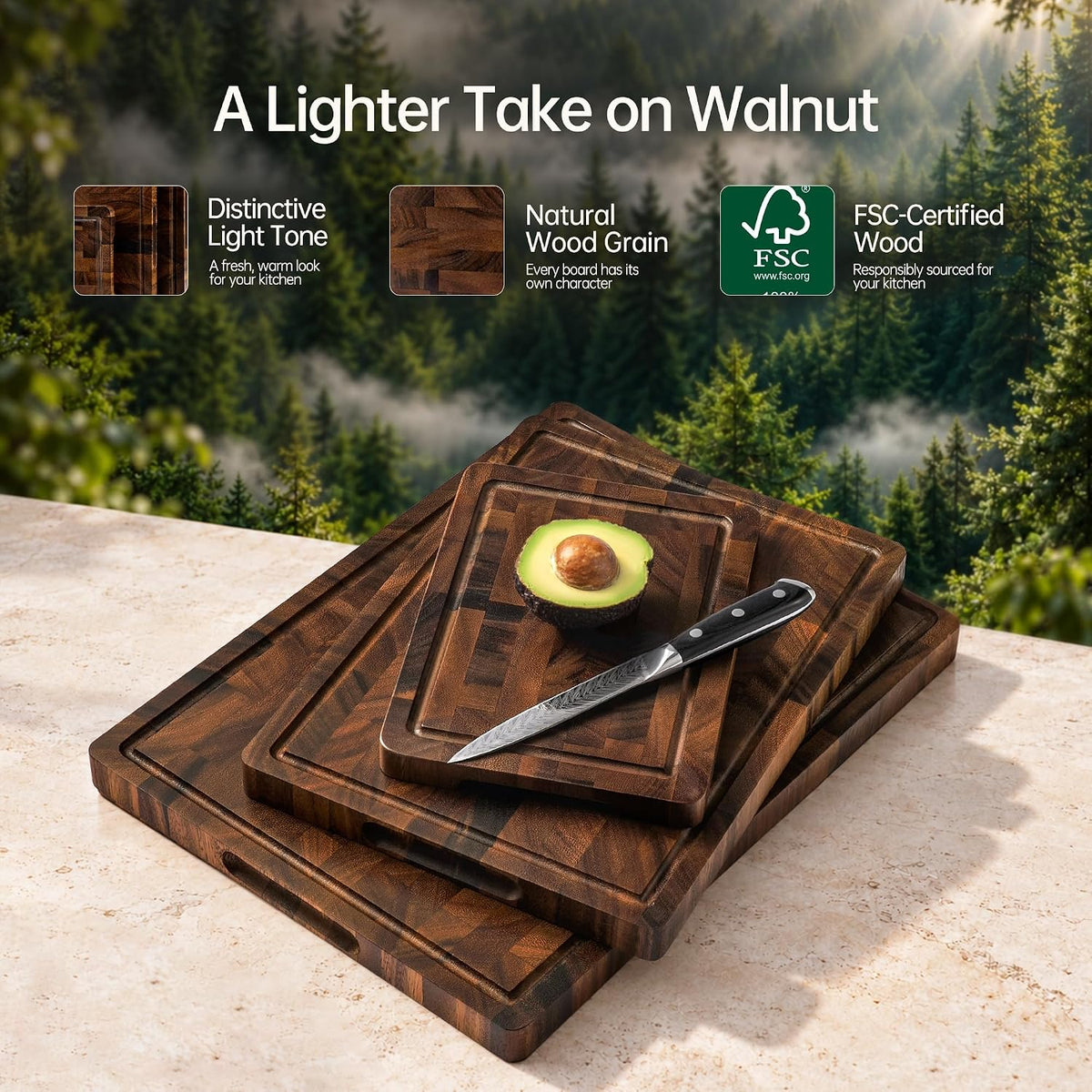 Brown Walnut Wood Cutting Board Set, End Grain Cutting Boards for Kitchen
