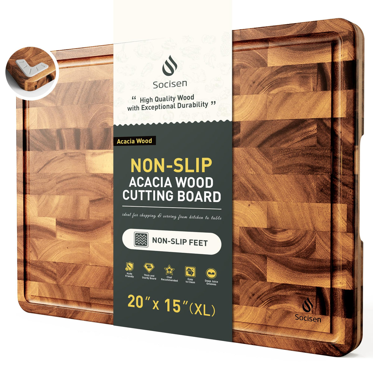 End Grain Cutting Board for Kitchen with Non-slip Feet, Acacia Wood