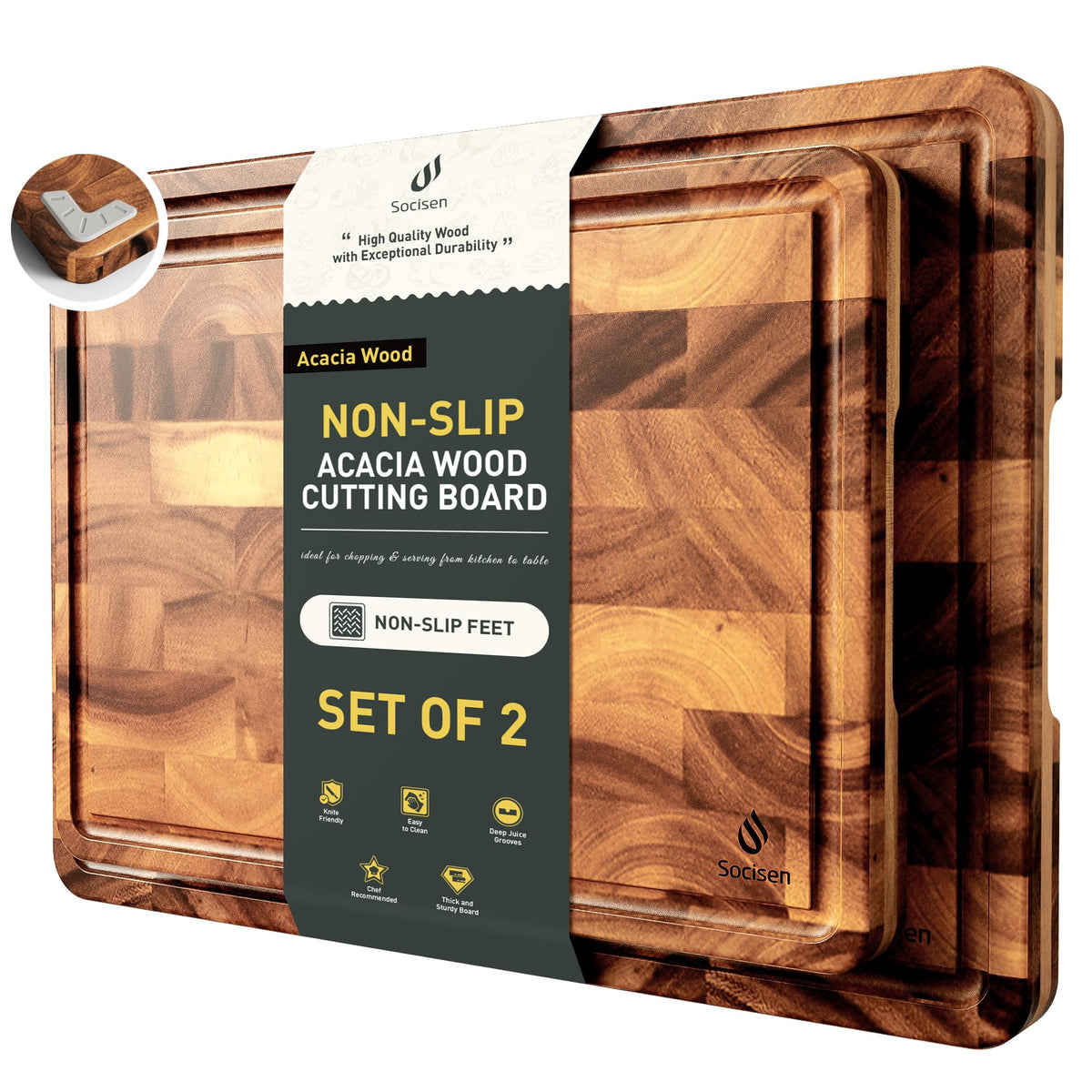 End Grain Cutting Board for Kitchen with Non-slip Feet, Acacia Wood