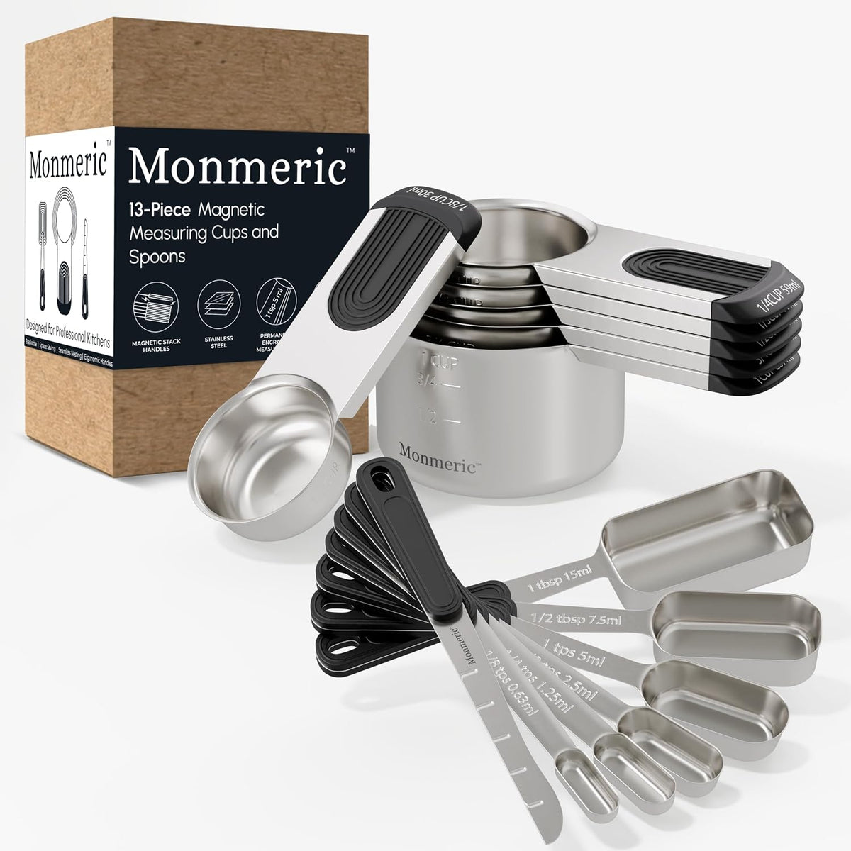 Stainless Steel Magnetic Measuring Cups and Spoons Set, Engraved Markings, Dishwasher Safe