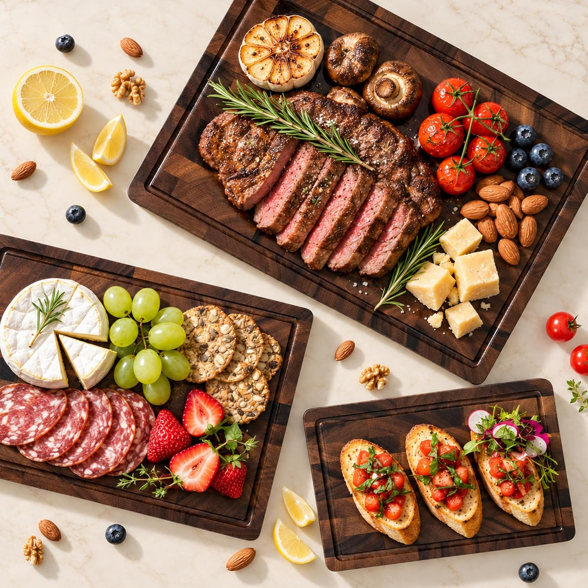 Brown Walnut Wood Cutting Board Set, End Grain Cutting Boards for Kitchen