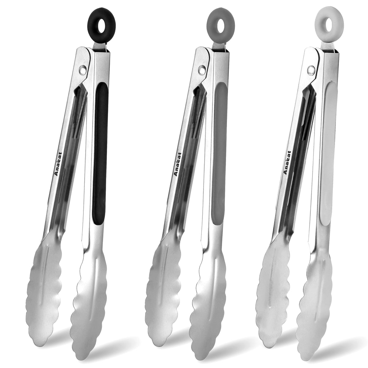 Anaeat Premium Kitchen Locking Tong Set of 3 - Heavy Duty Stainless Steel Food Tongs with Long Handle & Non-Slip Silicone Grip for Cooking, Baking, Grilling - Heat Resistant up to 480°F