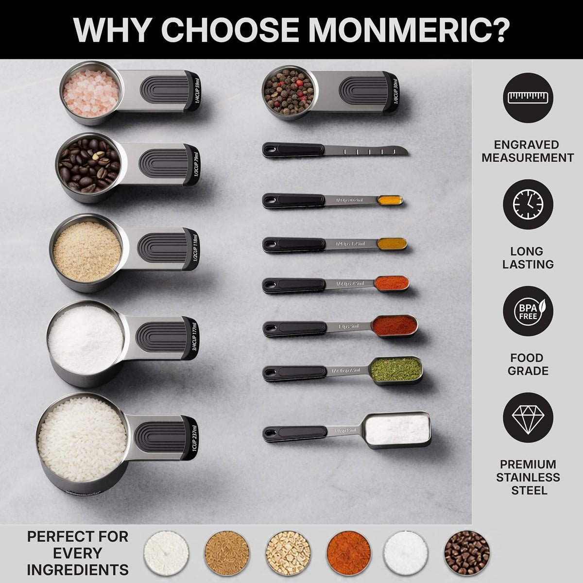 Stainless Steel Magnetic Measuring Cups and Spoons Set, Engraved Markings, Dishwasher Safe