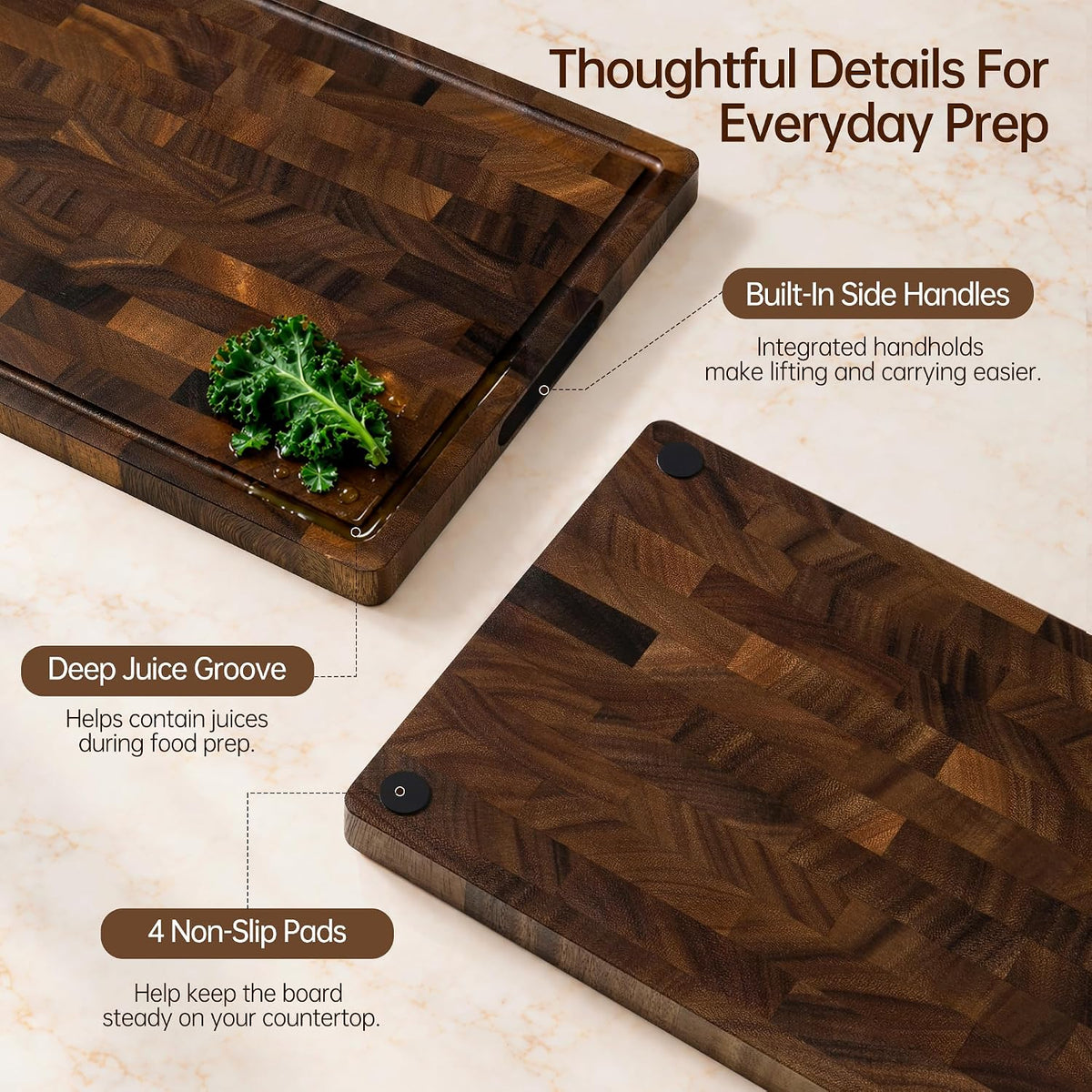 Brown Walnut Wood Cutting Board Set, End Grain Cutting Boards for Kitchen