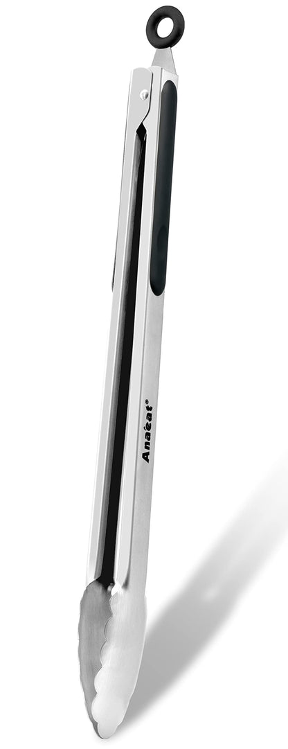 Anaeat Premium Kitchen Locking Tong Set of 3 - Heavy Duty Stainless Steel Food Tongs with Long Handle & Non-Slip Silicone Grip for Cooking, Baking, Grilling - Heat Resistant up to 480°F