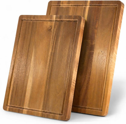 Acacia Wood Cutting Board Set, 2-Piece Wooden Cutting Boards for Kitchen, Large and Medium Chopping Boards with Juice Groove, Reversible Wood Butcher Block Boards for Meat, Vegetables, Fruit, Cheese