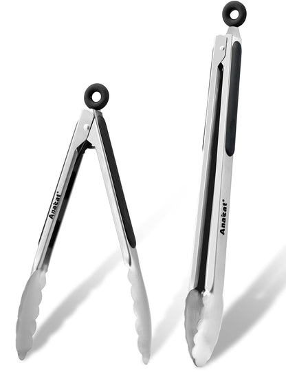 Anaeat Premium Kitchen Locking Tong Set of 3 - Heavy Duty Stainless Steel Food Tongs with Long Handle & Non-Slip Silicone Grip for Cooking, Baking, Grilling - Heat Resistant up to 480°F
