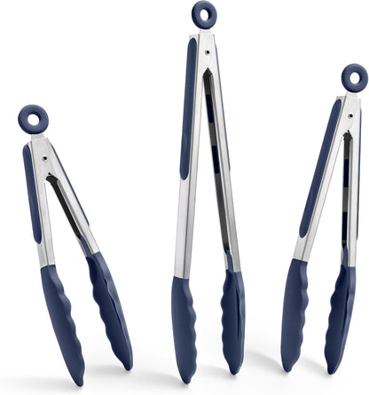 Doosu Kitchen Tongs with Silicone Tips for Cooking Serving (3Pcs, Navy)