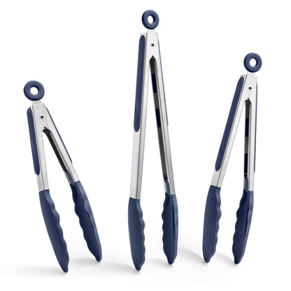 Doosu Kitchen Tongs with Silicone Tips for Cooking Serving (9in, Navy Blue)