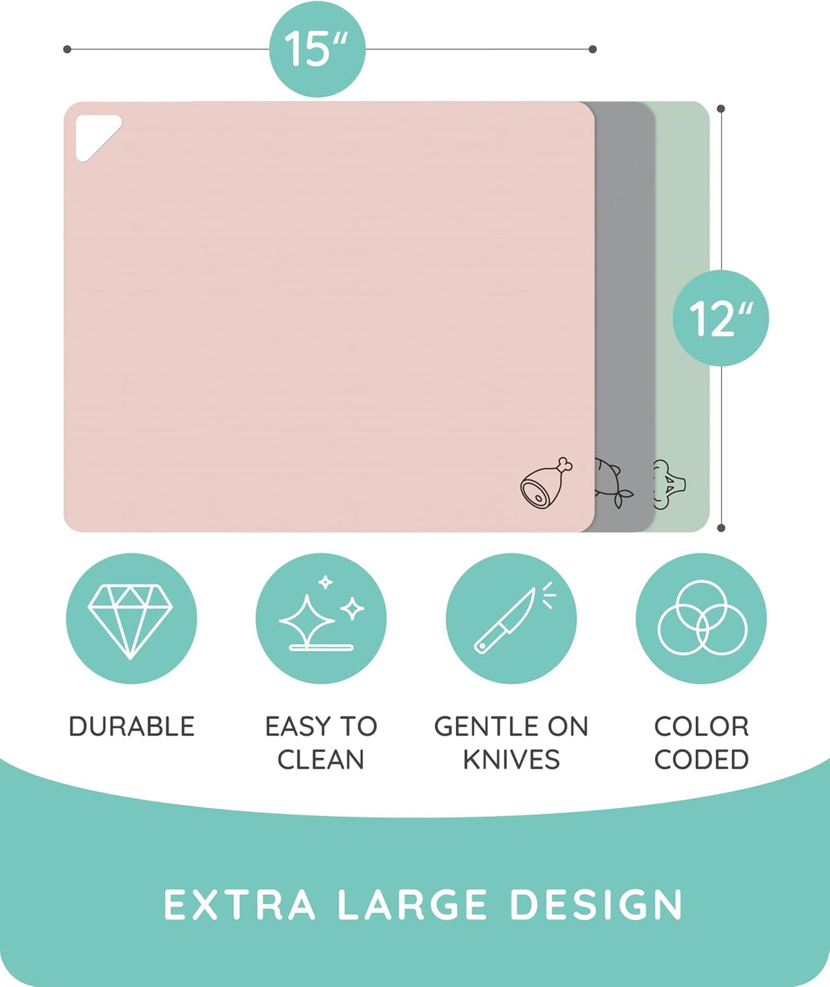 Flexible Plastic Cutting Board Set of 3 - Non-Slip, BPA-Free, Color-Coded Chopping Mats for Meat, Veggies & Fruit, 15" x 12", Hand Wash