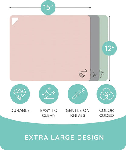 Flexible Plastic Cutting Board Set of 3 - Non-Slip, BPA-Free, Color-Coded Chopping Mats for Meat, Veggies & Fruit, 15" x 12", Hand Wash