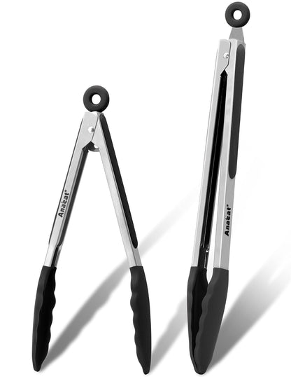 Anaeat Premium Kitchen Locking Tong Set of 3 - Heavy Duty Stainless Steel Food Tongs with Long Handle & Non-Slip Silicone Grip for Cooking, Baking, Grilling - Heat Resistant up to 480°F