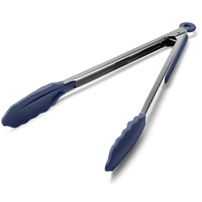 Doosu Kitchen Tongs with Silicone Tips for Cooking Serving (9in, Navy Blue)