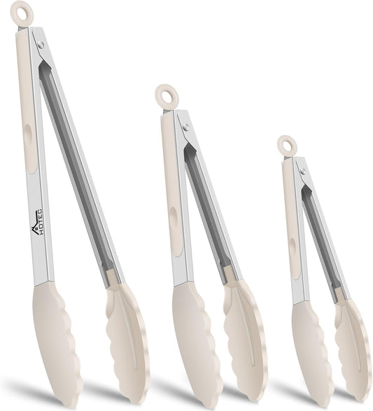 HOTEC Stainless Steel Kitchen Tongs with Silicone Tips, Set of 3-7",9" &12"