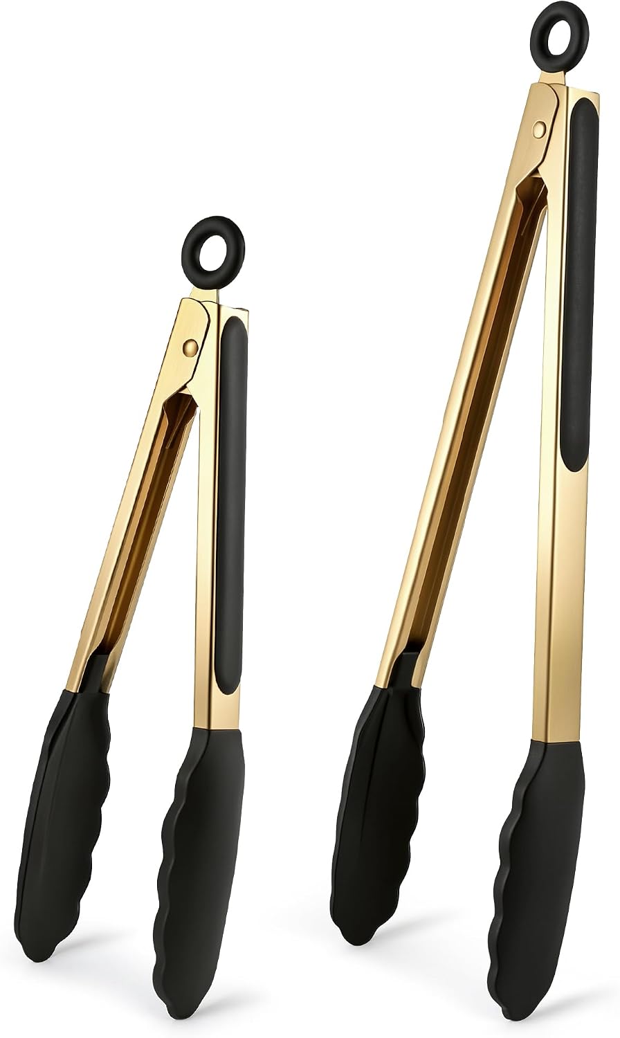 Gold Kitchen Tongs with Silicone Tips, 9 & 12 Inch Set