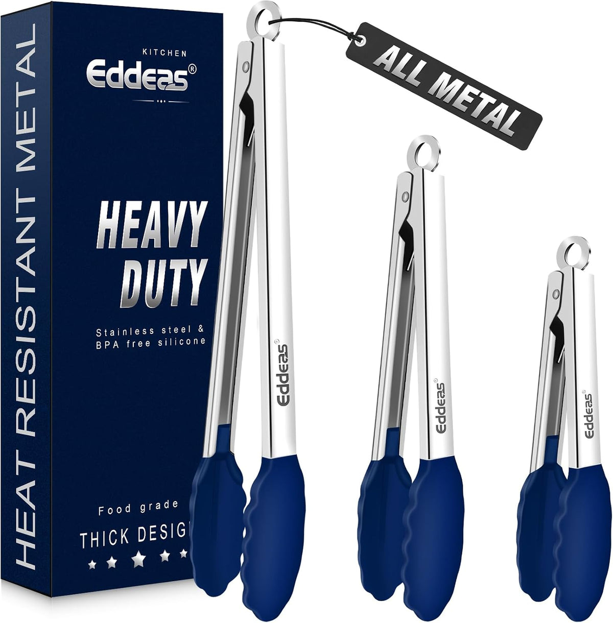 Tongs For Cooking - Silicone Metal Kitchen Tong 7" 9" & 12" Blue