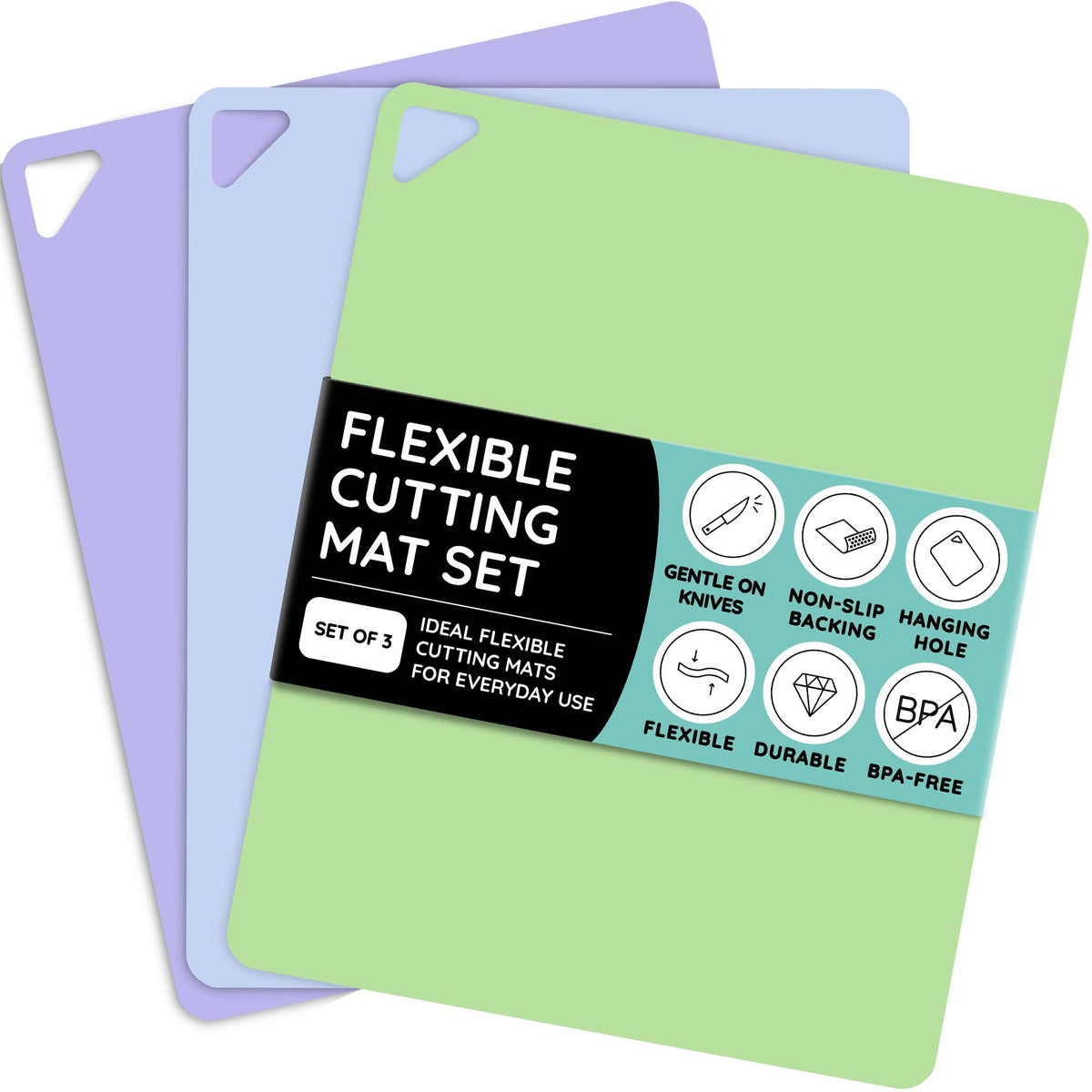 Flexible Plastic Cutting Board Set of 3 - Non-Slip, BPA-Free, Color-Coded Chopping Mats for Meat, Veggies & Fruit, 15" x 12", Hand Wash
