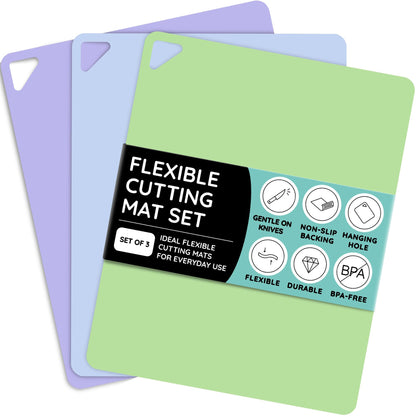 Flexible Plastic Cutting Board Set of 3 - Non-Slip, BPA-Free, Color-Coded Chopping Mats for Meat, Veggies & Fruit, 15" x 12", Hand Wash