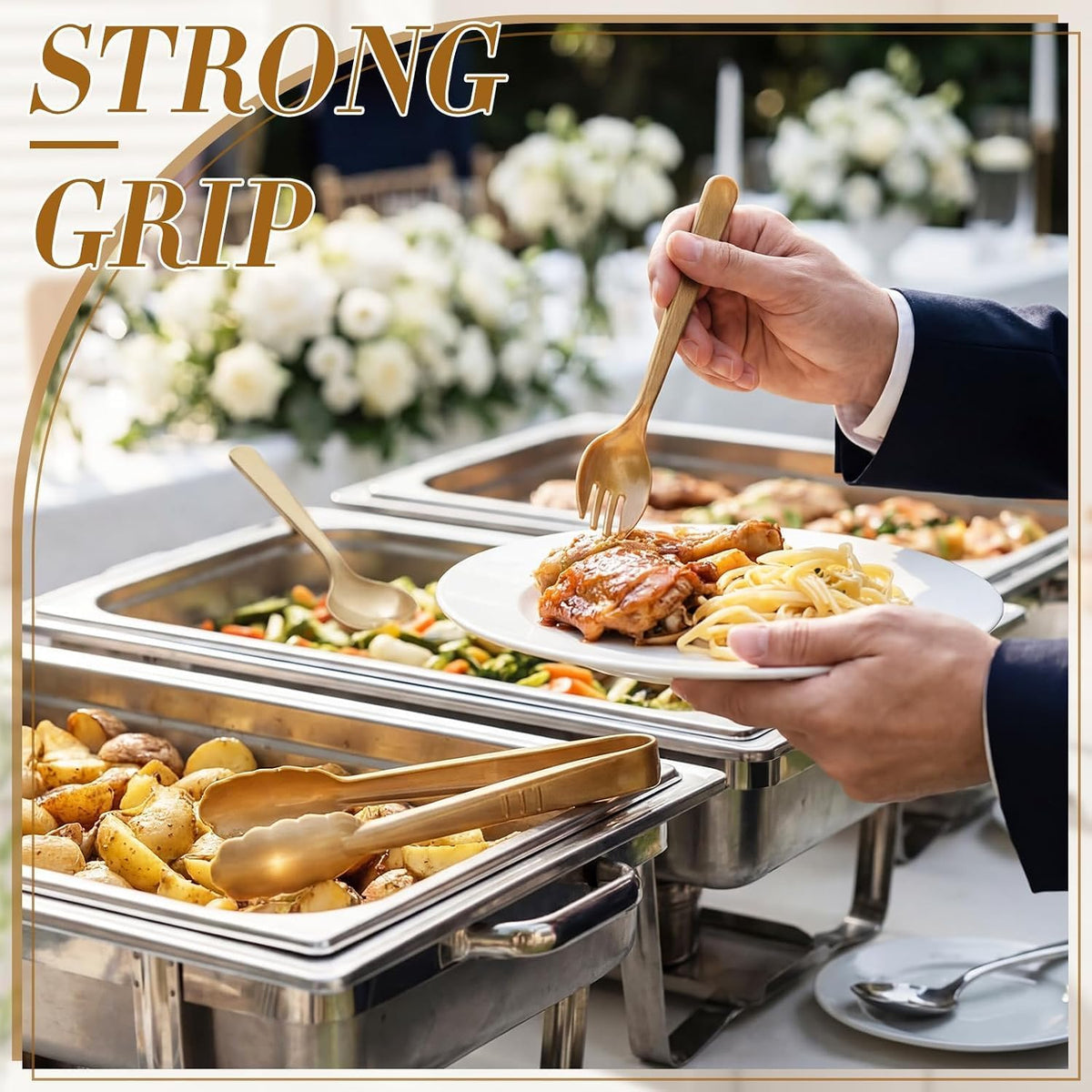 18PCS Gold Plastic Serving Utensils Set, Disposable Spoons, Forks & Tongs