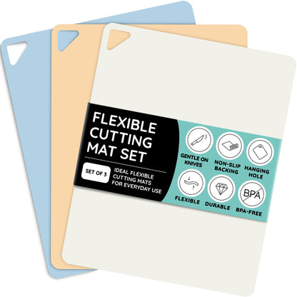 Flexible Plastic Cutting Board Set of 3 - Non-Slip, BPA-Free, Color-Coded Chopping Mats for Meat, Veggies & Fruit, 15" x 12", Hand Wash