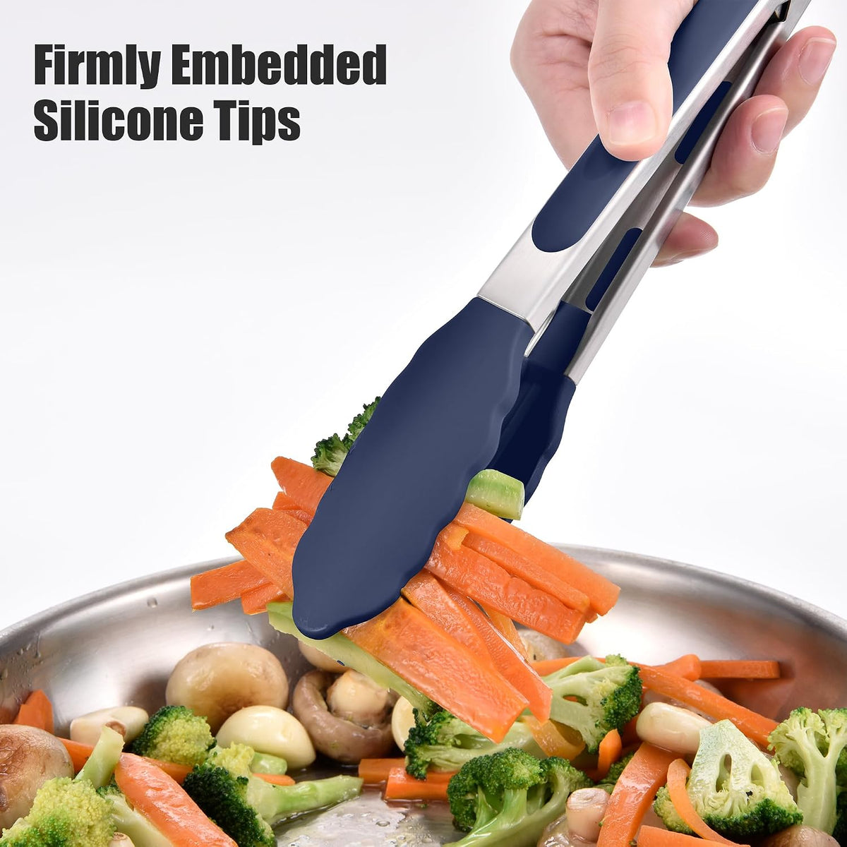 Doosu Kitchen Tongs with Silicone Tips for Cooking Serving (9in, Navy Blue)