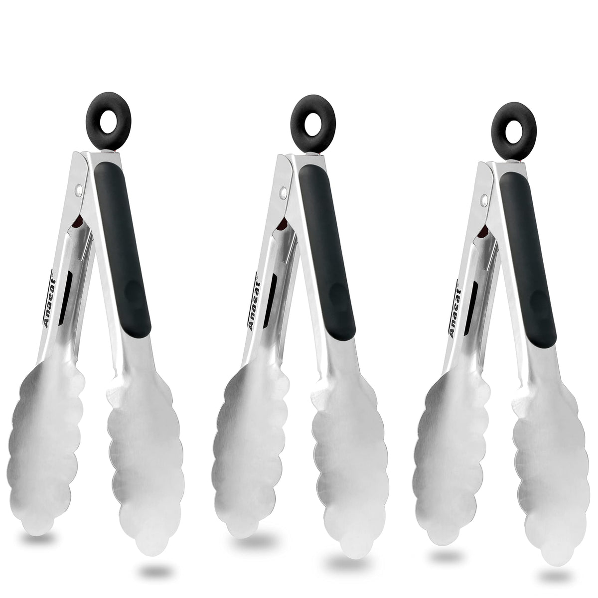 Anaeat Premium Kitchen Locking Tong Set of 3 - Heavy Duty Stainless Steel Food Tongs with Long Handle & Non-Slip Silicone Grip for Cooking, Baking, Grilling - Heat Resistant up to 480°F
