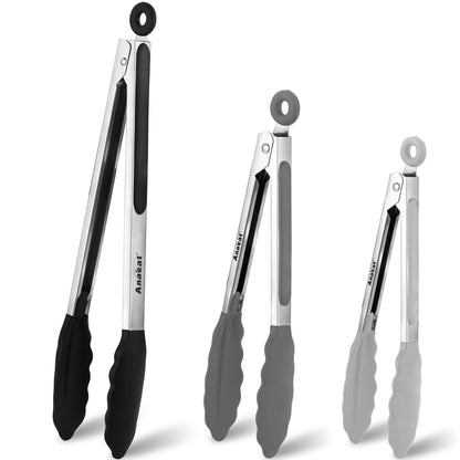 Anaeat Premium Kitchen Locking Tong Set of 3 - Heavy Duty Stainless Steel Food Tongs with Long Handle & Non-Slip Silicone Grip for Cooking, Baking, Grilling - Heat Resistant up to 480°F
