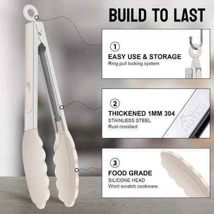 HOTEC Stainless Steel Kitchen Tongs with Silicone Tips, Set of 3-7",9" &12"
