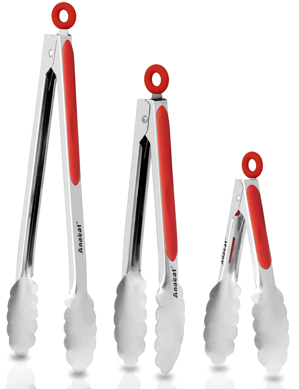Anaeat Premium Kitchen Locking Tong Set of 3 - Heavy Duty Stainless Steel Food Tongs with Long Handle & Non-Slip Silicone Grip for Cooking, Baking, Grilling - Heat Resistant up to 480°F