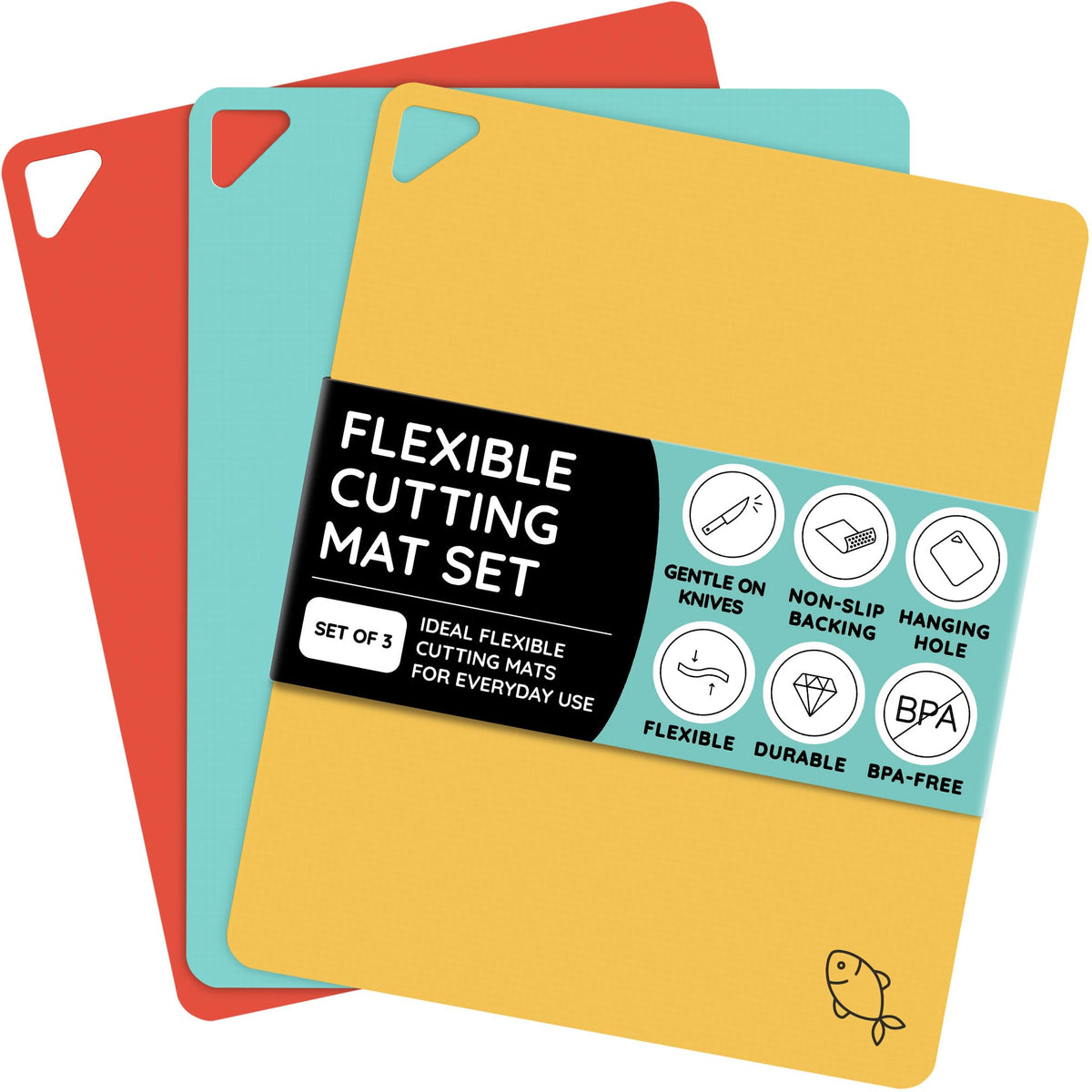 Flexible Plastic Cutting Board Set of 3 - Non-Slip, BPA-Free, Color-Coded Chopping Mats for Meat, Veggies & Fruit, 15" x 12", Hand Wash
