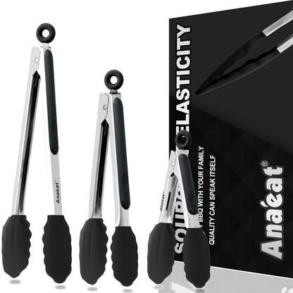 Anaeat Premium Kitchen Locking Tong Set of 3 - Heavy Duty Stainless Steel Food Tongs with Long Handle & Non-Slip Silicone Grip for Cooking, Baking, Grilling - Heat Resistant up to 480°F