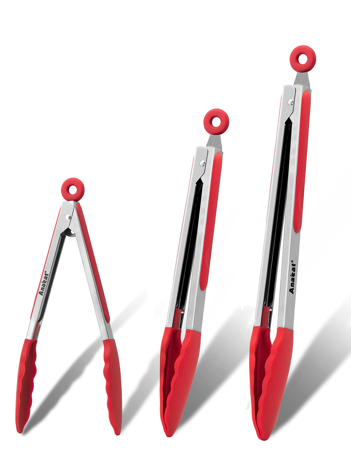 Anaeat Premium Kitchen Locking Tong Set of 3 - Heavy Duty Stainless Steel Food Tongs with Long Handle & Non-Slip Silicone Grip for Cooking, Baking, Grilling - Heat Resistant up to 480°F