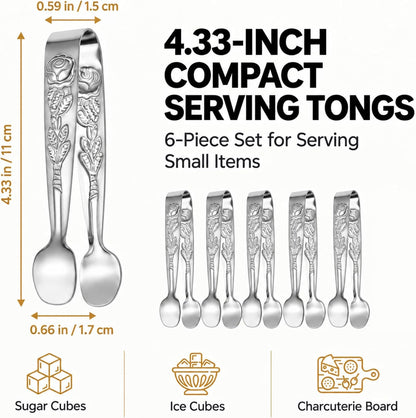 6PCS Mini Serving Tongs, 4.33-Inch 304 Stainless Steel Sugar Tongs