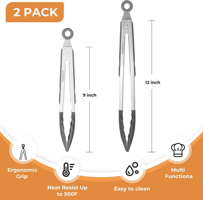 9" & 12" Silicone Cooking Tongs, Stainless Steel