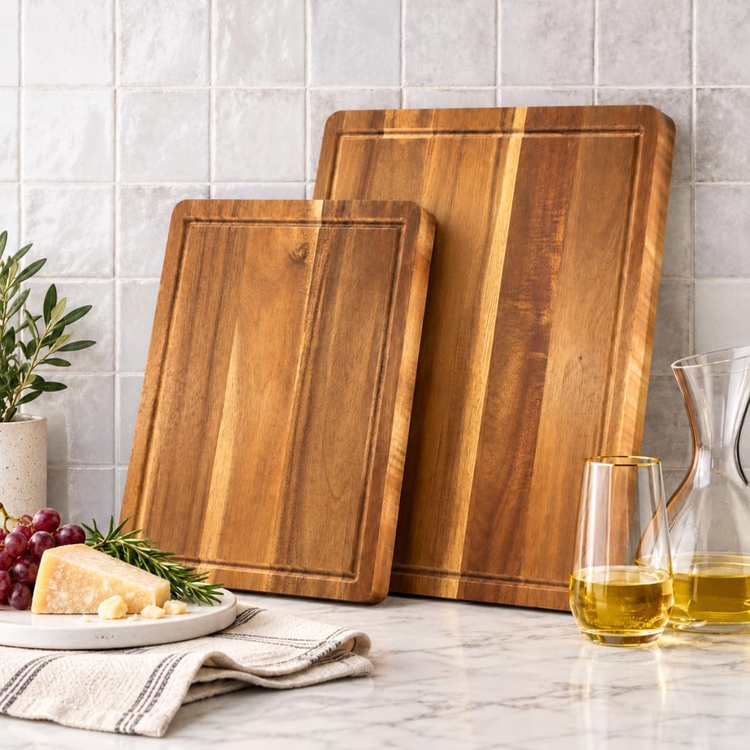 Acacia Wood Cutting Board Set, 2-Piece Wooden Cutting Boards for Kitchen, Large and Medium Chopping Boards with Juice Groove, Reversible Wood Butcher Block Boards for Meat, Vegetables, Fruit, Cheese