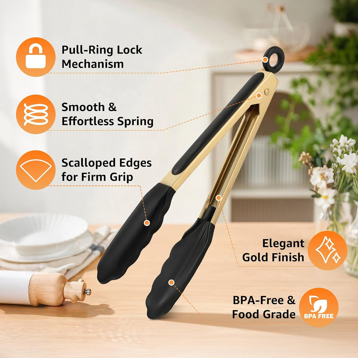 Gold Kitchen Tongs with Silicone Tips, 9 & 12 Inch Set