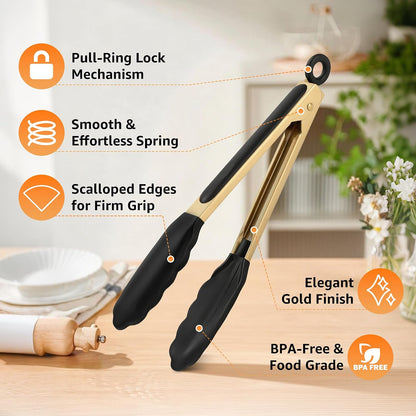 Gold Kitchen Tongs with Silicone Tips, 9 & 12 Inch Set